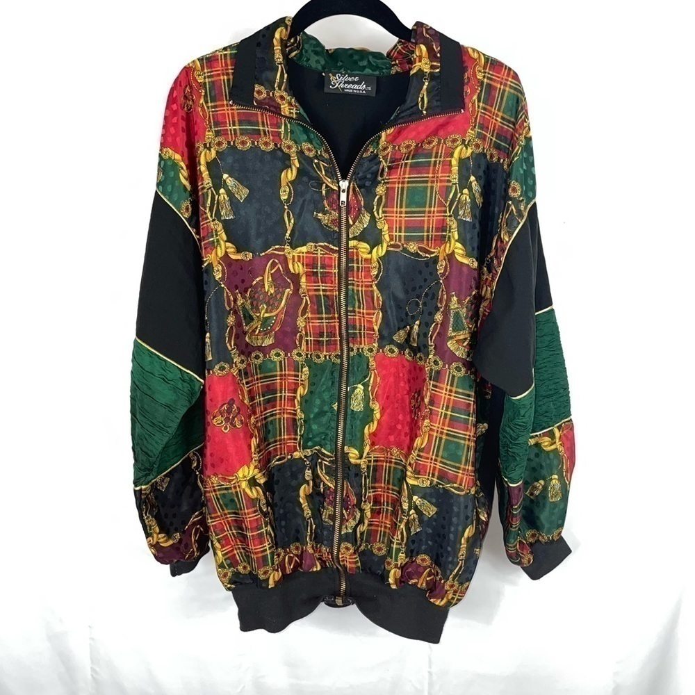 Silver Threads Baroque Windbreaker Full Zip Oversized Plaid Patch Bomber Jacket